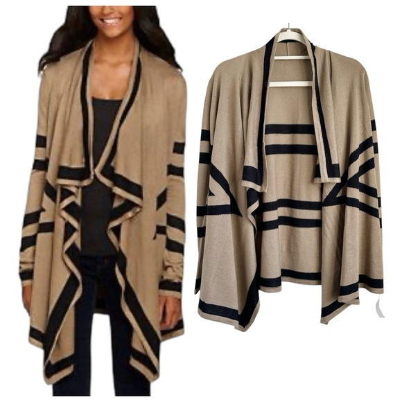 NWT Knit Taupe & Black Striped Long Sleeve Open Front Relaxed Cardigan Sweater S - Picture 1 of 6